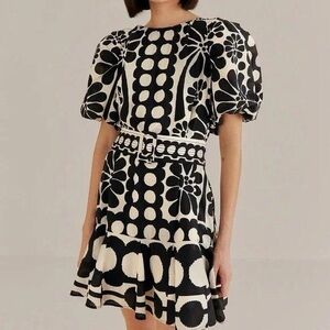 FARM Rio Black and White A-line Mini Dress